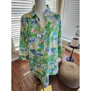 Tizzie Floral Tropical Tunic Shirt Dress Women’s Size M 100% Cotton 3/4 Sleeve